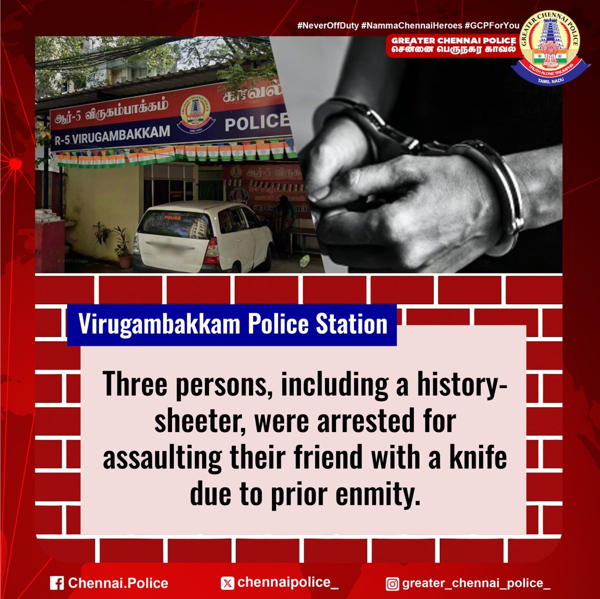 chennaipolice_'s tweet image. Virugambakkam Police Station

Three persons, including a history-sheeter, were arrested for assaulting their friend with a knife due to prior enmity.

#Virugambakkam #ChennaiPolice #Arrest #Assault