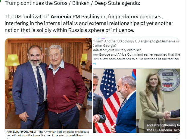 amborin's tweet image. Armenia effectively belongs to the U.S. and Israel:

"Israel gains Reduction of Iranian influence in the Caucasus • Strengthening the alliance with Azerbaijan • Opportunity to manoeuvre against Iran on the northern front  
USA: • Weakening of three rivals: Russia, Iran,
