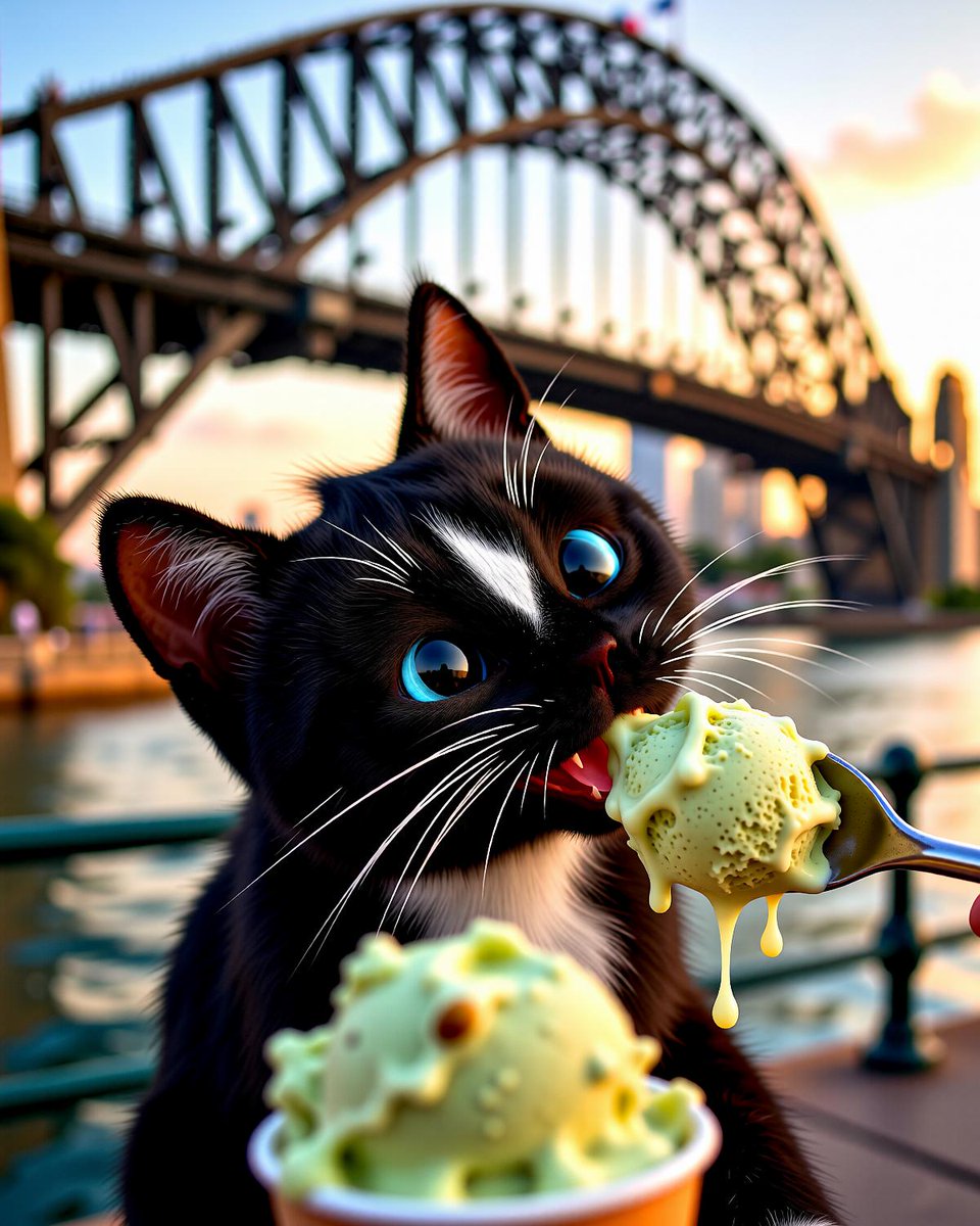 Tasting this green joy with care ✨. Confirming it's cat-safe 🥰. Hoping it's pistachio magic, not wasabi 🙀. My taste adventure 😼. Sydney's charm vs. dazzling gelato 💖. Another scoop before a Harbour Bridge nap 😴. Purrfect day 🐾

#SydneyCat #PistachioLove #CatLife