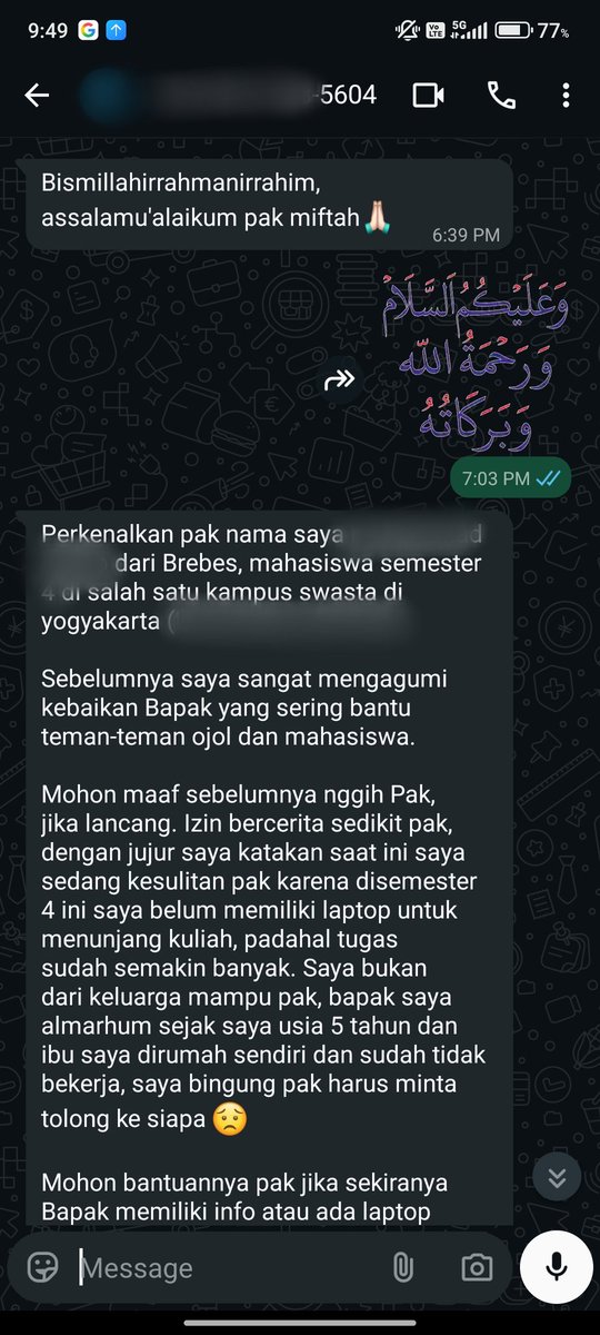 miftahrizaq_'s tweet photo. Mahasiswa ini menghubungi saya dan akhirnya datang dan mengutarakan kebutuhannya. Sebuah laptop. Tentu bukan barang mudah dan sekonyong-konyong sanggup saya hadirkan.

Sabalingga bukan kantong ajaib atau lampu jin.
Prinsip Sabalingga untuk Validasi, Hati-hati, dan Batasi tetap saya terapkan.

Saya cari tau data dirinya, kuliah, dan latar belakangnya dulu. Ternyata dia dapat beasiswa juga "nyambi" sebagai ojol. Saya apresiasi semangatnya untuk berusaha.