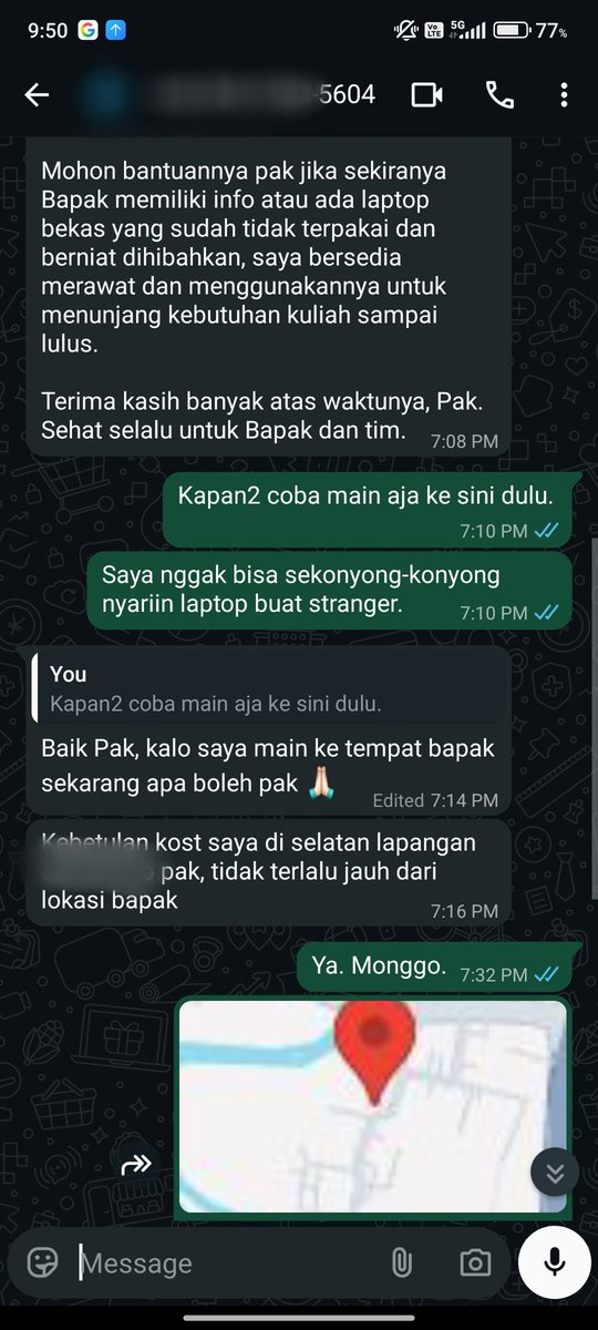 miftahrizaq_'s tweet photo. Mahasiswa ini menghubungi saya dan akhirnya datang dan mengutarakan kebutuhannya. Sebuah laptop. Tentu bukan barang mudah dan sekonyong-konyong sanggup saya hadirkan.

Sabalingga bukan kantong ajaib atau lampu jin.
Prinsip Sabalingga untuk Validasi, Hati-hati, dan Batasi tetap saya terapkan.

Saya cari tau data dirinya, kuliah, dan latar belakangnya dulu. Ternyata dia dapat beasiswa juga "nyambi" sebagai ojol. Saya apresiasi semangatnya untuk berusaha.