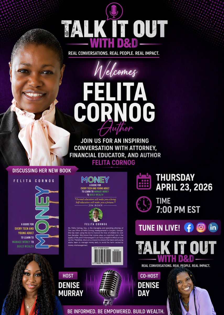 ubellc_'s tweet photo. 🚨 Going LIVE 🚨
Join us on Talk It Out with D&amp;D with special guest Felita Cornog 💼✨

We’re talking money, financial literacy &amp; building wealth the RIGHT way 💰

📅 April 23, 2026
⏰ 7PM EST

Drop “LIVE” for a reminder 👇 https://t.co/u8HHiOigQn