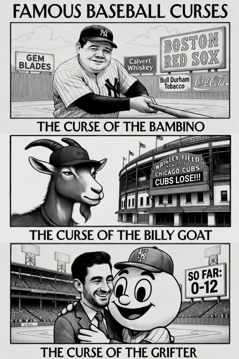 JCBliss's tweet image. Since "the hug," the @mets have gone 0-12. So much for the "warm embrace" of communism.

By me, @jcbliss

#baseball #curses