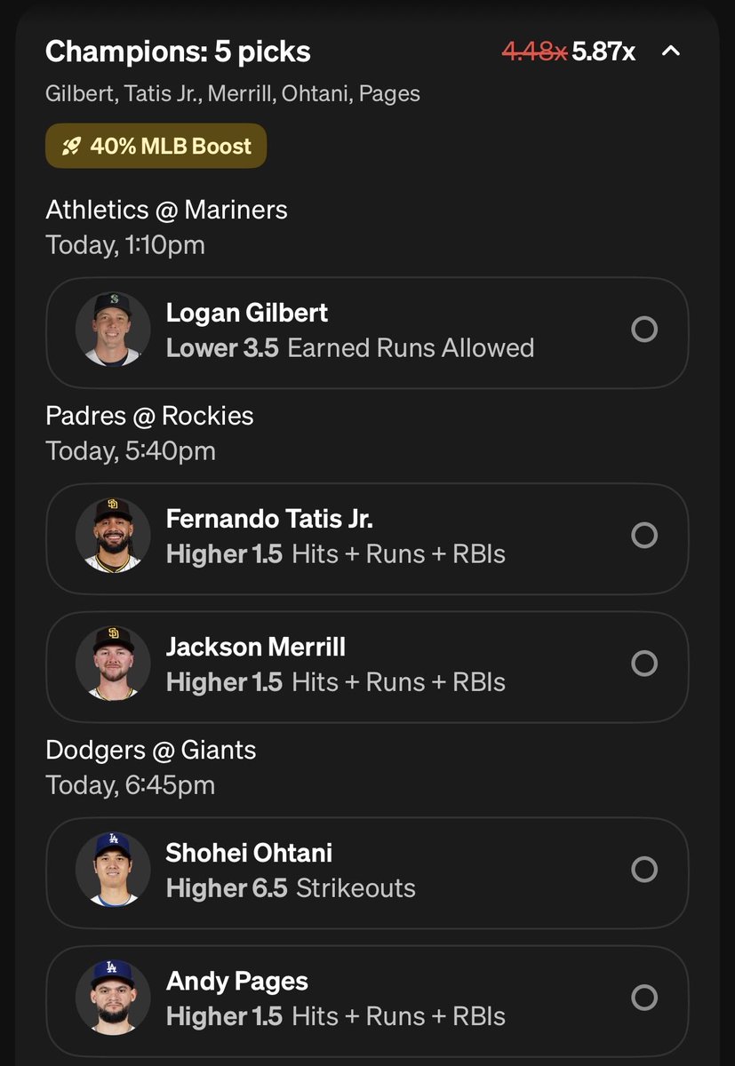 OddsOutlawBets's tweet photo. 5-leg MLB boost looking 🔥 today:

Gilbert dealing at home ✔️  
Tatis &amp; Merrill vs Coors chaos ✔️  
Ohtani K’s on a heater ✔️  
Pages stays hot at the plate ✔️  

All spots line up — form + matchup + volume. Let’s ride

#MLB #SportsBetting #Underdog #Odds https://t.co/VUGqfG7moO