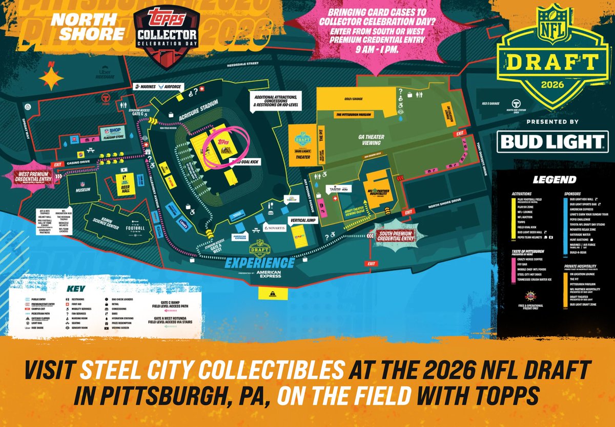 SCCTradingCards's tweet photo. 📌 LIKE & SAVE THIS POST 📌

Updated information about the #NFLDraft, the Topps Collector Destination, Collector Celebration Day, and athlete meet and greets:

Steel City Collectibles will be at the 2026 NFL Draft in Pittsburgh, PA, on the field during the draft at the Topps Collector Destination! We are the EXCLUSIVE single card vendor of the AFC North: the Steelers, the Bengals, the Browns, and the Ravens! We'll be LOADED with TONS of Topps Football products, including the hottest products on the hobby market right now: 2025 Topps Chrome Football Hobby Boxes, Jumbo Hobby Boxes, Hangers, and Blasters!

The Topps Collector Destination at the 2026 NFL Draft brings fans and collectors together in Pittsburgh for a fully immersive Hobby experience. From free packs to player appearances, this event connects football culture with trading card collecting in real time. The Topps Collector Destination will be open across all three days of the NFL Draft:

— Thursday, April 23, 2026, 12:00 PM – 10:00 PM ET
— Friday, April 24, 2026, 12:00 PM – 10:00 PM ET
— Saturday, April 25, 2026, 9:00 AM – 6:00 PM ET

Each day carries its own pace, with a full schedule of programming and access to every activation throughout the space. Eight hobby shops from across the country, including Steel City Collectibles, will be on site, each representing an NFL Division and bringing sealed hobby boxes along with single cards from all four teams in their division. From premium cards to dollar-box gems, entry-level boxes to the most-sought-after hobby releases, Steel City Collectibles is here to help collectors at every level find something worth taking home!

In addition to all of the trading card experiences, NFL greats will appear throughout the weekend, bringing personal storytelling and history into the collector experience, and giving fans the chance to connect directly with the game!

Thursday, April 23, 2026

— Hines Ward, 12:30 PM – 1:30 PM ET
— Jerome Bettis, 1:00 PM – 2:00 PM ET
— Terry Bradshaw, 6:00 PM – 7:00 PM ET

Friday, April 24, 2026

— James Conner, 1:30 PM – 2:30 PM ET
— Mark Ingram, 3:00 PM – 4:00 PM ET
— Ryan Shazier, 4:00 PM – 5:00 PM ET

Saturday, April 25, 2026

— James Harrison, 10:15 PM – 11:15 PM ET
— Joey Porter Sr., 10:15 PM – 11:15 PM ET
— Heath Miller, 12:00 PM – 12:30 PM ET
— Damar Hamlin, 12:30 PM – 1:00 PM ET

Saturday also features Topps Collector Celebration Day, a FREE, family-friendly event designed for fans of all ages! It’s the peak of the weekend, bringing together collectors, casual fans, and the broader football community in one shared space! Topps Collector Celebration Day is a live, on-field trading card experience. It sits within the NFL Draft’s Collector Destination and is designed to bring The Hobby into a physical space. Fans can rip packs, trade on the field, connect with hobby shops, and take part in programming that ties the Draft directly to collecting culture.

The event begins on the field at Acrisure Stadium starting at 10:00 AM (doors open at 9:30 AM). It’s free, family-friendly, and open to all. Make sure you bring your cards — whether you’ve just ripped your first pack or have been filling binders for years! Plus, the first 1,000 attendees will receive a blaster box of the newly-released 2025 Topps Chrome Football! Additional pack giveaways throughout the day keep the momentum going, turning the field into a live ripping floor!

From opening packs to meeting legends, the experience captures what makes The Hobby special — connection, discovery, and community! We can't wait to see everyone there!

The 2026 NFL Draft in Pittsburgh is a free public event, but mandatory registration is required for entry via the NFL OnePass app or through the NFL's website.

#Topps #Pittsburgh #TheHobby #NFL