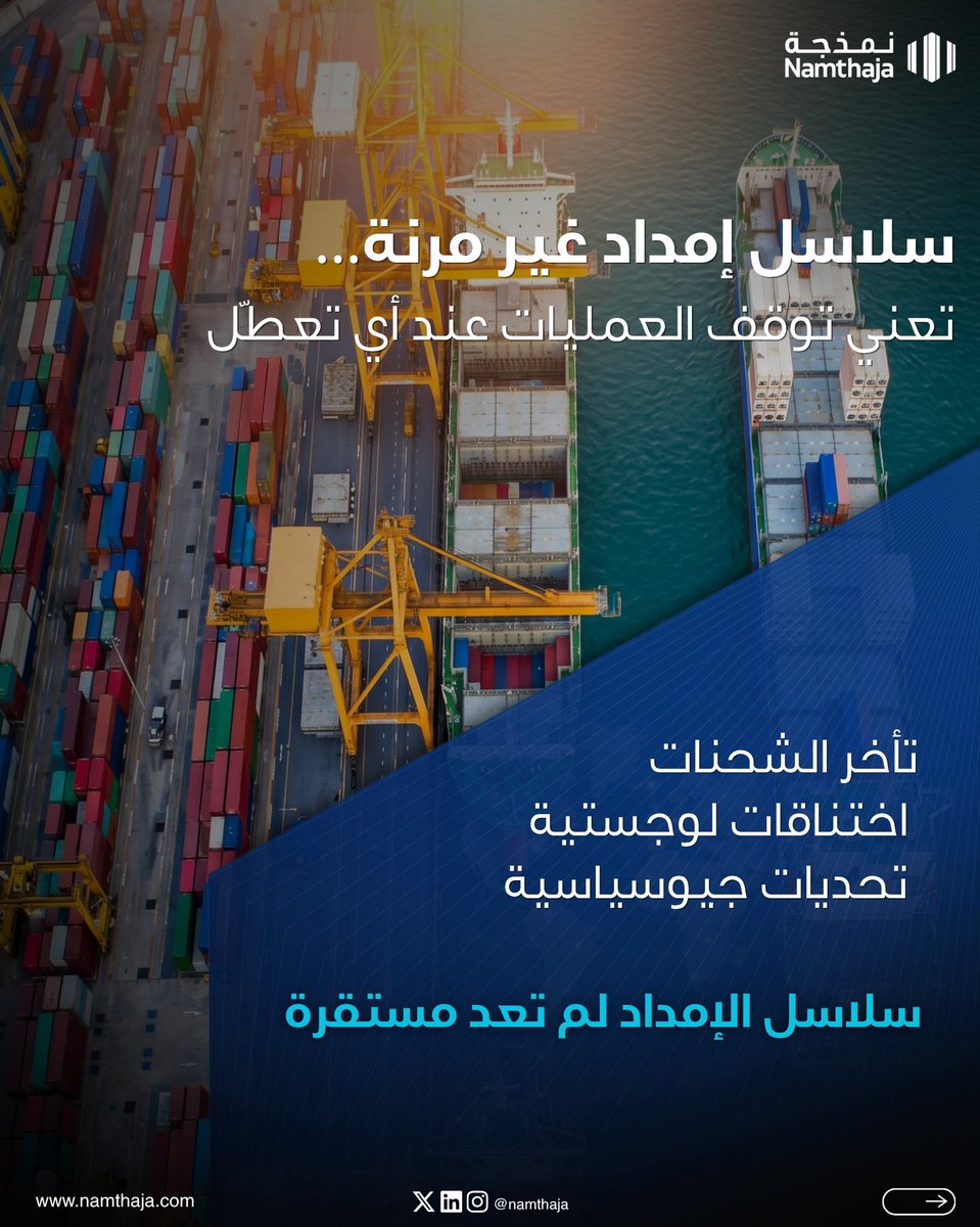 namthaja's tweet photo. لا تبدأ التعطّلات في المصنع… لكنها تنتهي فيه.

سلاسل الإمداد غير المرنة = توقف الإنتاج + تأخير المشاريع + ارتفاع التكاليف

الحل؟
التصنيع عند الطلب + المخزون الرقمي
التوطين لم يعد خيارًا… بل ضرورة.

#سلاسل_الإمداد #التوطين #التصنيع_بالإضافة https://t.co/qjaYFK77Xd