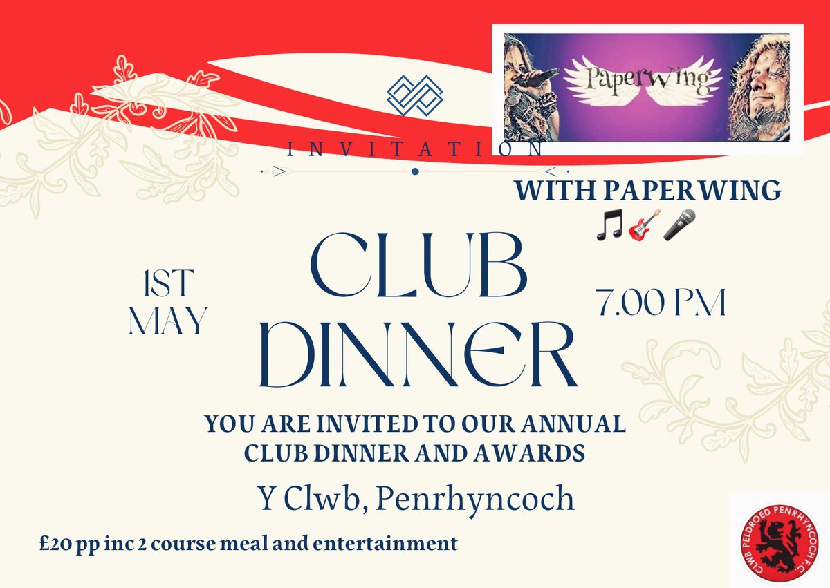 PenrhyncochFC's tweet photo. 📅 Mae croeso i chi i’n cinio clwb blynyddol a’r gwobrau!
💰 If you have sponsored Penrhyncoch FC during this season please accept a free dinner on us and let us know! We truly appreciate your support ❤️🖤
📧 If you wish to book, please message us. 🔴⚫️ https://t.co/Vm6mHxu9Ul