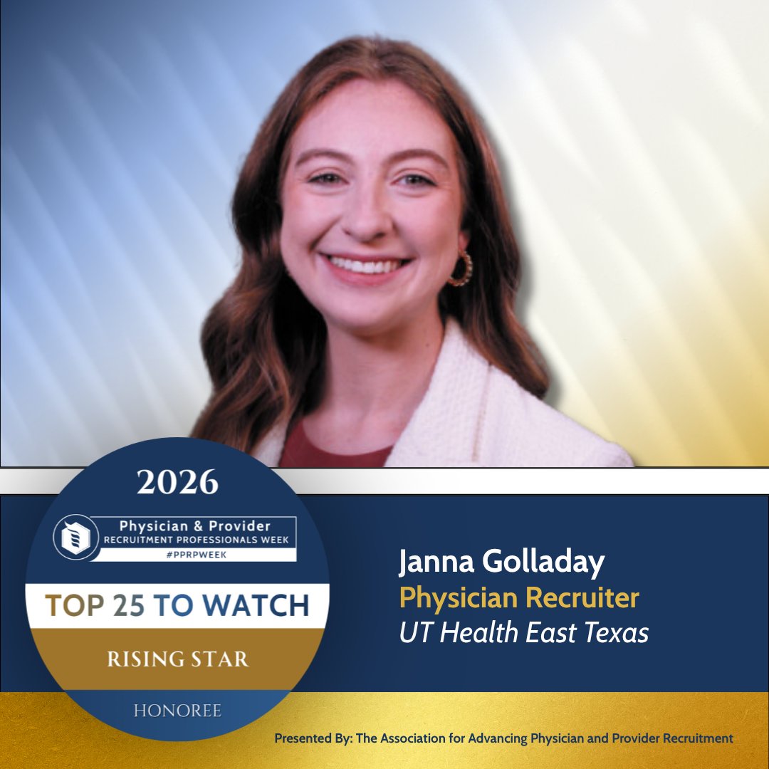 theAAPPR's tweet photo. Janna Golladay
Physician Recruiter | UT Health East Texas

Janna Golladay has quickly made a meaningful impact in physician and advanced practice provider recruitment at UT Health East Texas. 

#PPRPWeek #AAPPR https://t.co/XoODfJPFq2