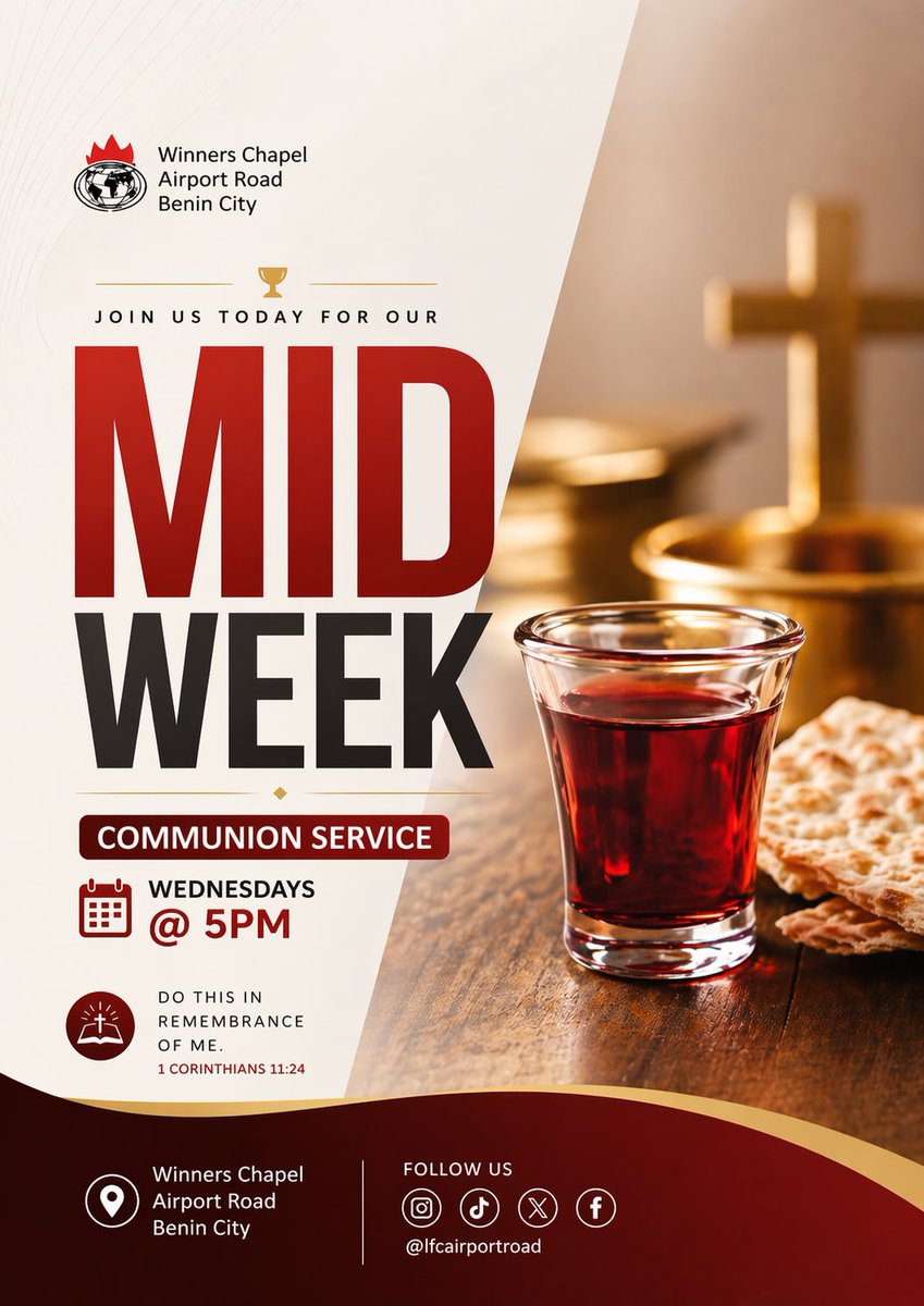 Lfcmediaairport's tweet image. Join us for our Midweek Communion Service today

#communionservice #Midweek #Lfcmediaairportroadbenincity