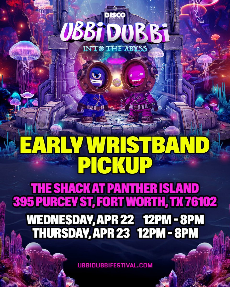 Early wristband pickup starts today! Head over to The Shack at Panther Island Pavilion and avoid the box office lines! 🪼

🫧 Wednesday 4/22: 12PM–8PM
🫧 Thursday 4/23: 12PM–8PM

🪸 Please Note: Orders must be picked up by the original purchaser with a valid physical ID.
