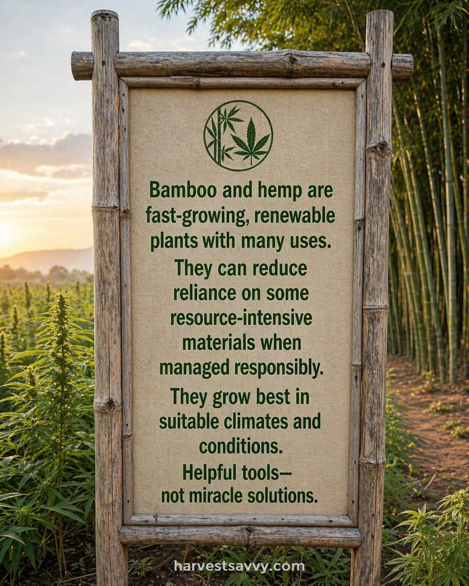 HarvestSavvy's tweet image. Forget the capes—real climate solutions can start at the roots 🌱
Bamboo grows incredibly fast. Hemp produces high fiber yields with fewer inputs than cotton.
Not a cure-all—but both can help reduce reliance on fossil fuels and old-growth timber.

#SustainableLiving #EcoFriendly