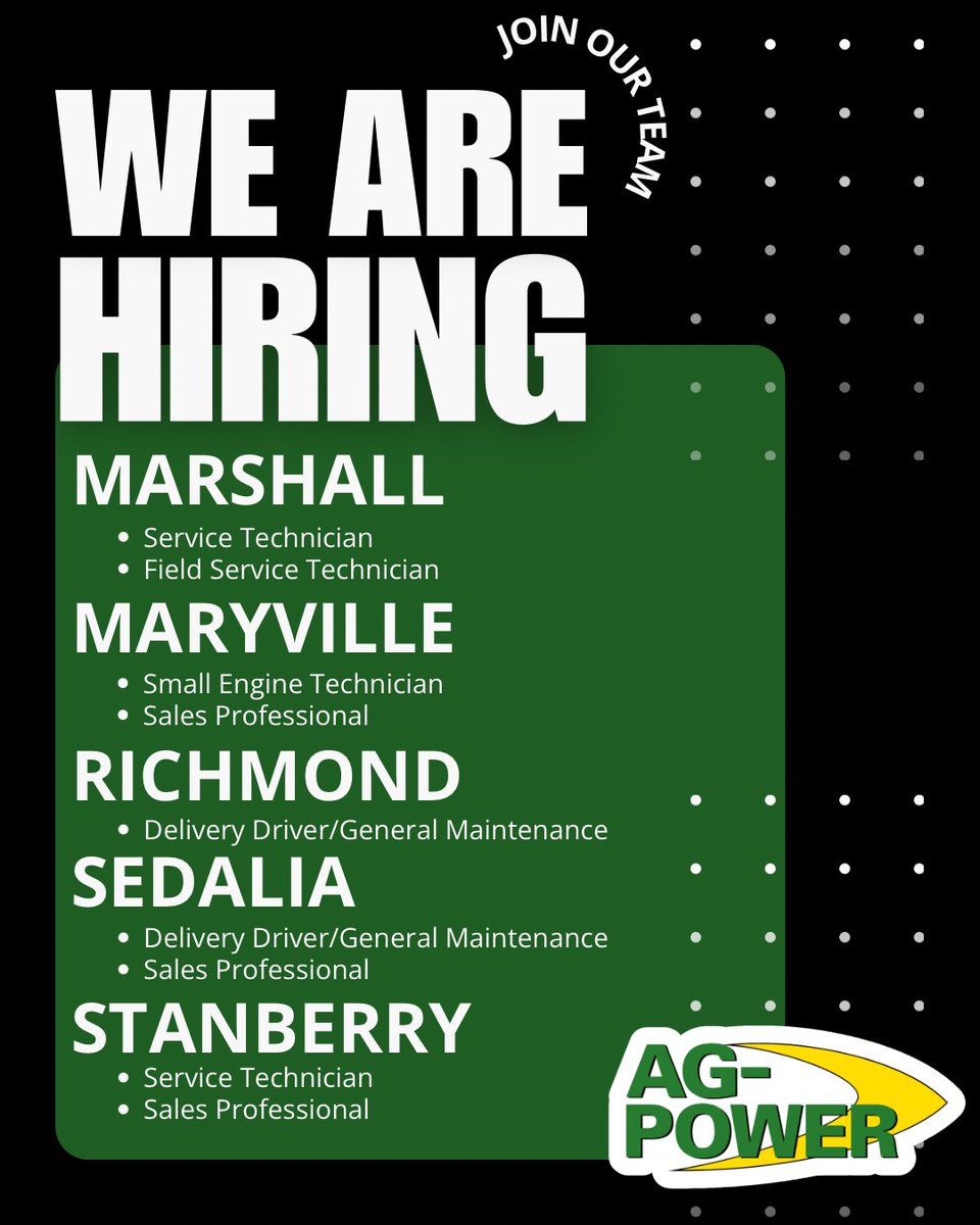 AGPOWER's tweet photo. Looking for your next opportunity? 👀🌱
We’re hiring for a variety of roles across our locations.

Join the Ag-Power team and apply today 👉 https://t.co/eqgdAAlWcF https://t.co/AIoJ4WAvDm