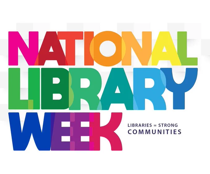 Logo for National Library Week featuring the phrase "Libraries Strong Communities" in colorful block letters.