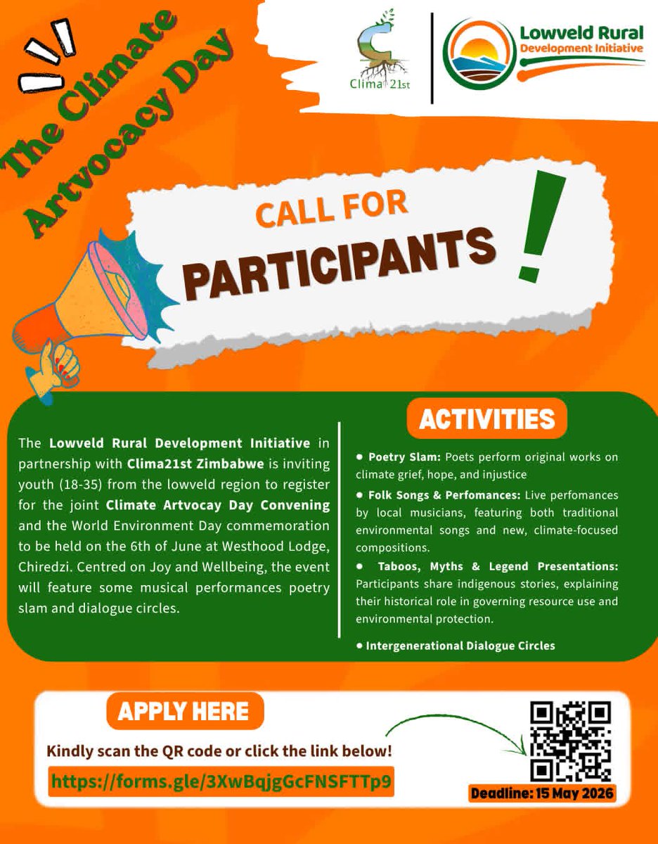 wisanihub's tweet photo. Are you a youth based in the southeast Lowveld &amp; aged between 18 &amp; 35? Here is an opportunity for you to participate in the Climate Artvocacy Day Convening &amp; World Environment Day commemoration on 6 June 2026 in Chiredzi. 
Register before 15 May 2026: https://t.co/Jn0D4Wiwte https://t.co/kPDdxkJ3zP