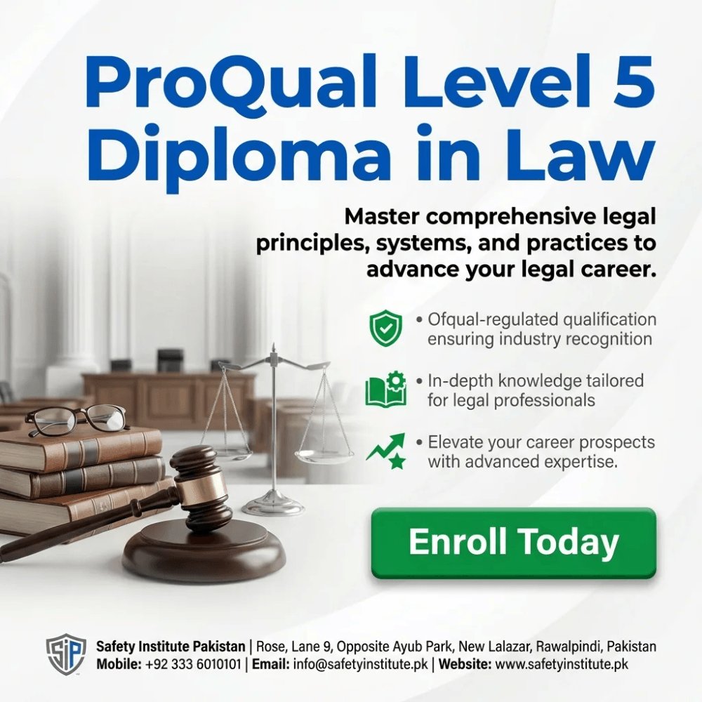 SafetyPakistan's tweet image. ProQual Level 5 Diploma in Law — Open for enrolment at Safety Institute Pakistan. Level 5. #ProQual #Level #Diploma #Law #VocationalTraining #Diplomas #Pakistan #SouthAsia #OnlineLearning