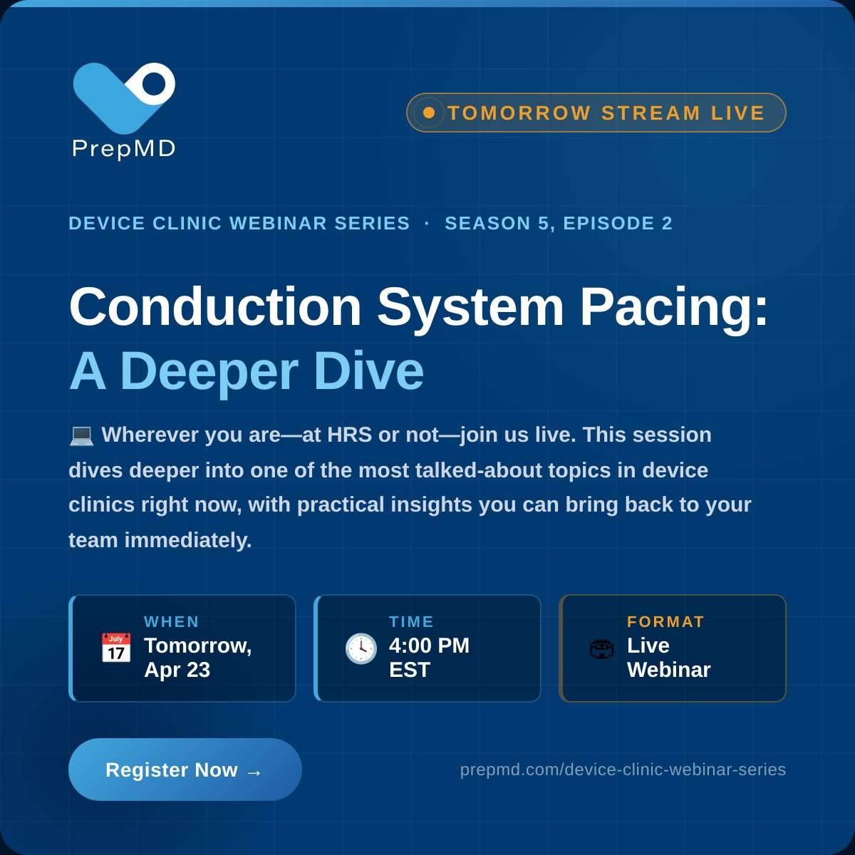 PrepMD's tweet photo. 🚨 It's HRS Week - and the conversation around conduction system pacing is heating up. Tomorrow at 4PM EST, PrepMD goes LIVE with Device Clinic Webinar Series – Season 5, Episode 2: Conduction System Pacing: A Deeper Dive.

We know many of you will be at HRS - stay connected and keep learning in real time.

💻 Wherever you are - at HRS or not - join us live. This session dives deeper into one of the most talked-about topics in device clinics right now, with practical insights you can bring back to your team immediately.

🔗 Register here: https://t.co/eUtOSMQZvj

Don't miss it.