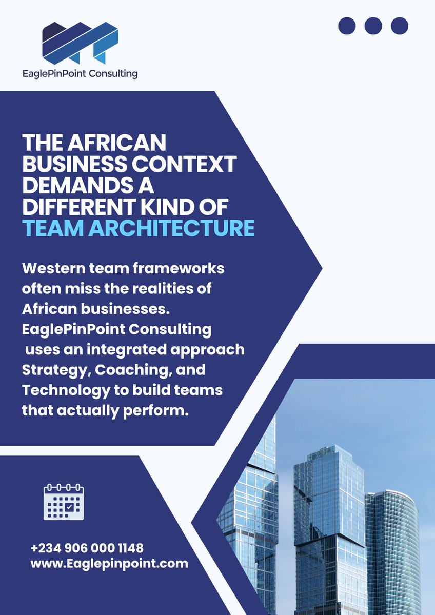 EaglePinPoint's tweet image. Most team frameworks fail in Africa because they were designed for Western environments. At EaglePinPoint Consulting We use an integrated approach
Read the full post to learn more → postly.app/4Vr7
#EaglePinPoint #HighPerformanceTeams #Leadership