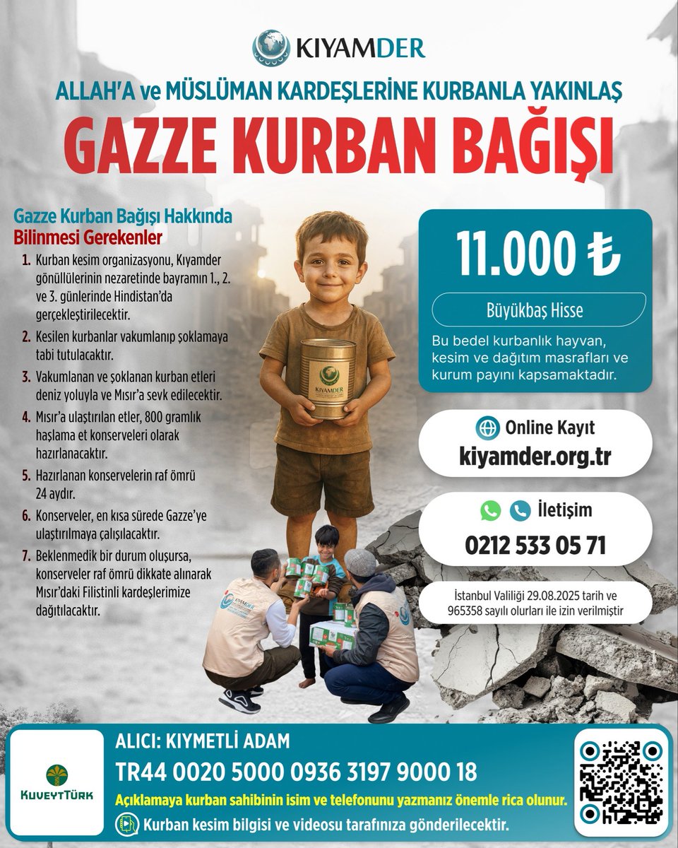 KIYAMDER's tweet photo. Kurbanlarınızı Gazze’ye Ulaştırıyoruz!

Bayram günlerinde Hindistan’da keseceğimiz kurbanlarınızı Mısır’da konserve yaparak Gazze’deki kardeşlerimize teslim edeceğiz.

🐮 Hisse Bedeli: 11.000₺
🌐 https://t.co/L1IGMsveVC
📞 0 212 533 05 71
#kurban #yardım #gazze https://t.co/T0uNGpjQk8