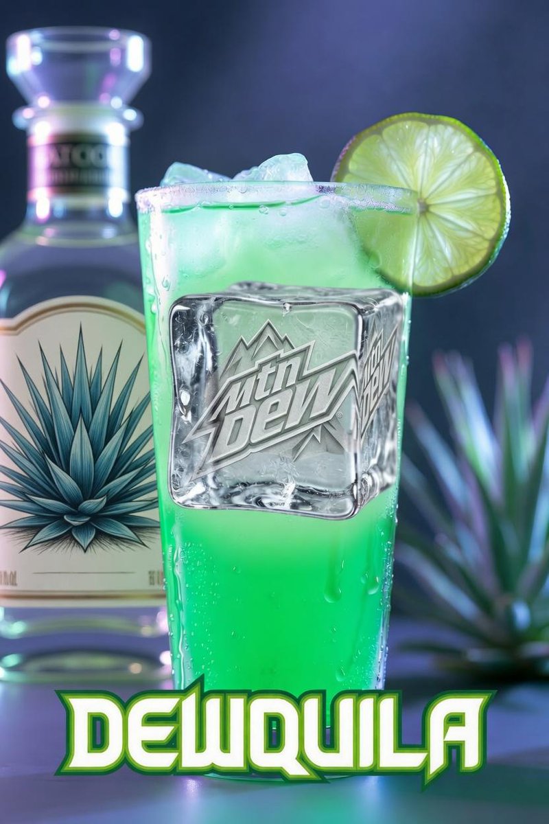 aihub26's tweet image. Dewquila. Ice-cold, bright, and hits you with that citrus-meets-agave kick. Say it out loud: “I’ll have a Dewquila.” Instant smile, zero explanation needed.

#MountainDew #Dewquila