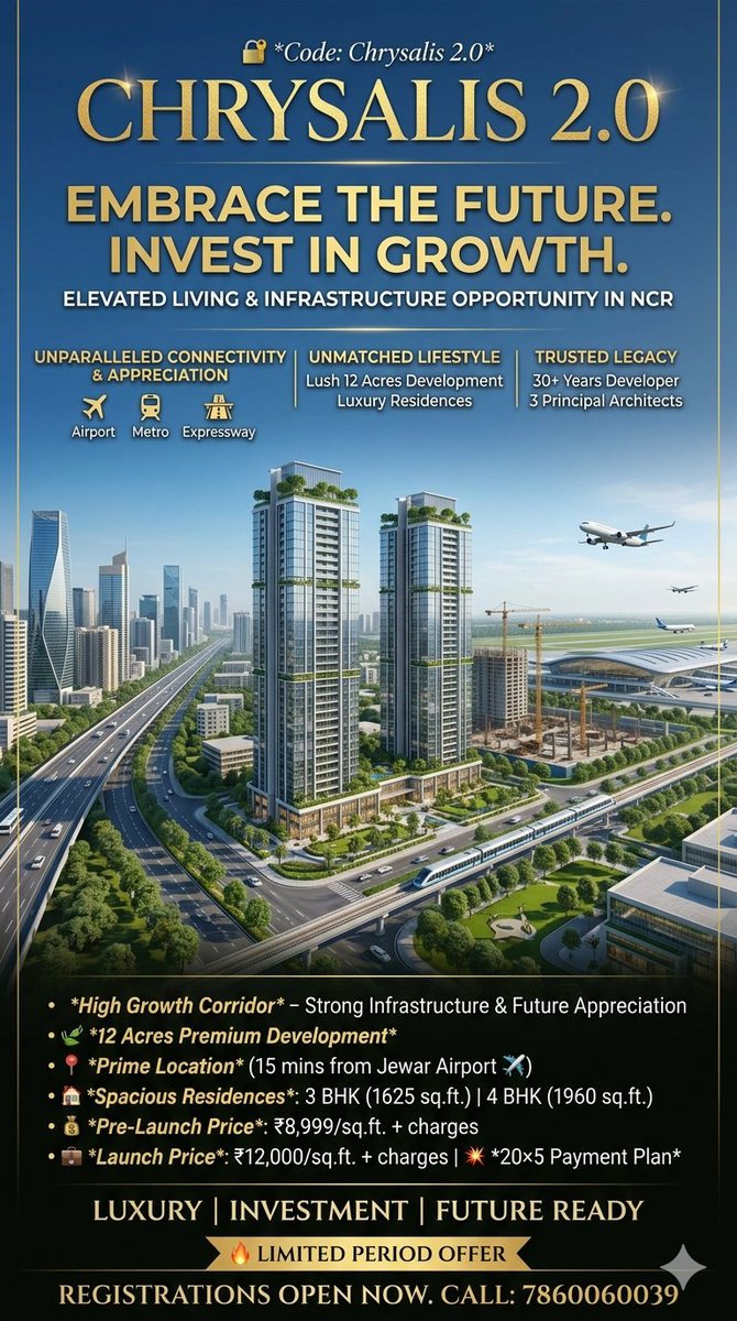 solistproperty's tweet image. 🔐 Code: Chrysalis 2.0

🏙️ 30+ Years Trusted Developer
🌿 12 Acres Premium Development
📍 Prime Location – 15 mins from Jewar Airport ✈️

💰 Pre-Launch Price: ₹8,999/sq.ft. + charges

📞 Call Now: 7860060039

#Gaur #yamunaexpressway #newlaunch #apartament #propertydealer