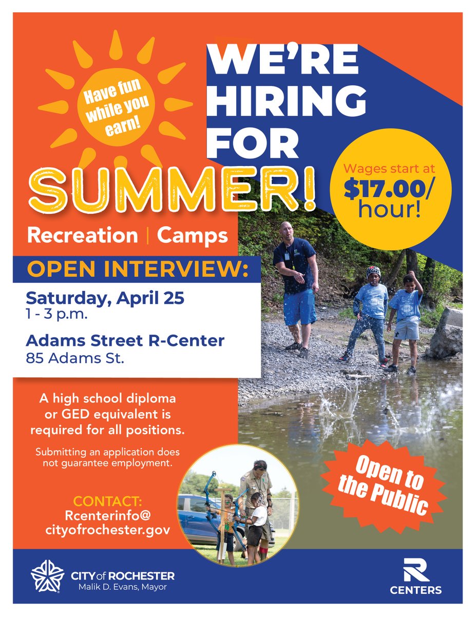 DRHS585's tweet image. Summer Job Open Interviews this Saturday!

📅 Saturday, April 25
⏰ 1–3 PM
📍 Adams Street R-Center (85 Adams St.)

Bring your resume, valid ID, and be ready to interview on the spot.

 #DRHS #rcsd #Cityofrochester #rcenters #RochesterNY #hiring #hiringnow #summerhiring