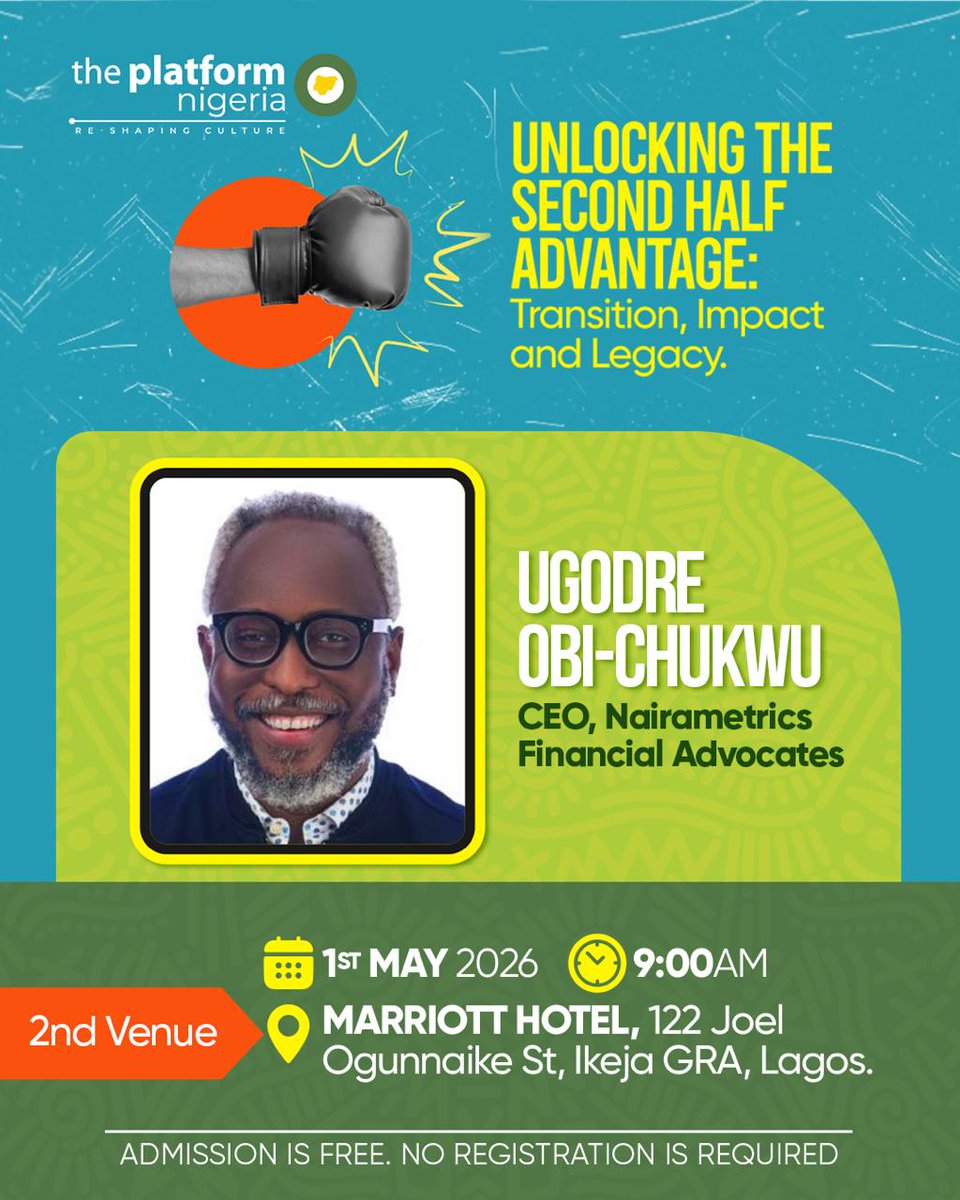 pastorpoju's tweet photo. Meet the speakers.

This 2nd @theplatformng conference is for those over 40 who are entering the second phase of their careers. It is about transition, impact and legacy.

Join us on May 1st, 2026, as Nigeria's most consequential leaders will be having a conversation about what the second half of a career looks like when it is done with intention.

Date: May 1st, 2026
Time: 9:00AM
Venue: Marriott Hotel, 122 Joel Ogunaike Street, Ikeja GRA, Lagos

Admission is free. No registration required.

#ThePlatformNigeria #TheSecondHalfAdvantage