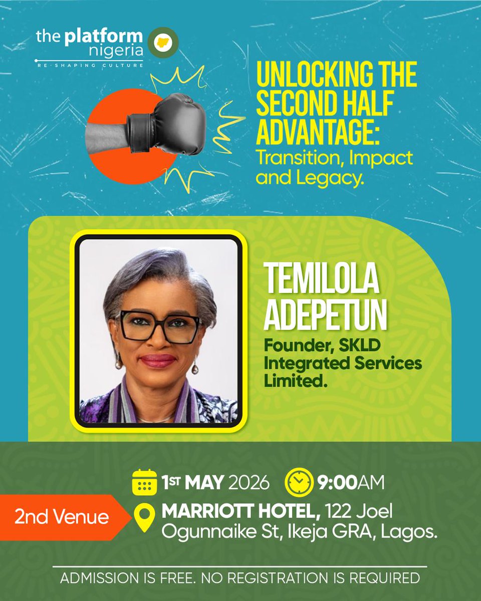 pastorpoju's tweet photo. Meet the speakers.

This 2nd @theplatformng conference is for those over 40 who are entering the second phase of their careers. It is about transition, impact and legacy.

Join us on May 1st, 2026, as Nigeria's most consequential leaders will be having a conversation about what the second half of a career looks like when it is done with intention.

Date: May 1st, 2026
Time: 9:00AM
Venue: Marriott Hotel, 122 Joel Ogunaike Street, Ikeja GRA, Lagos

Admission is free. No registration required.

#ThePlatformNigeria #TheSecondHalfAdvantage