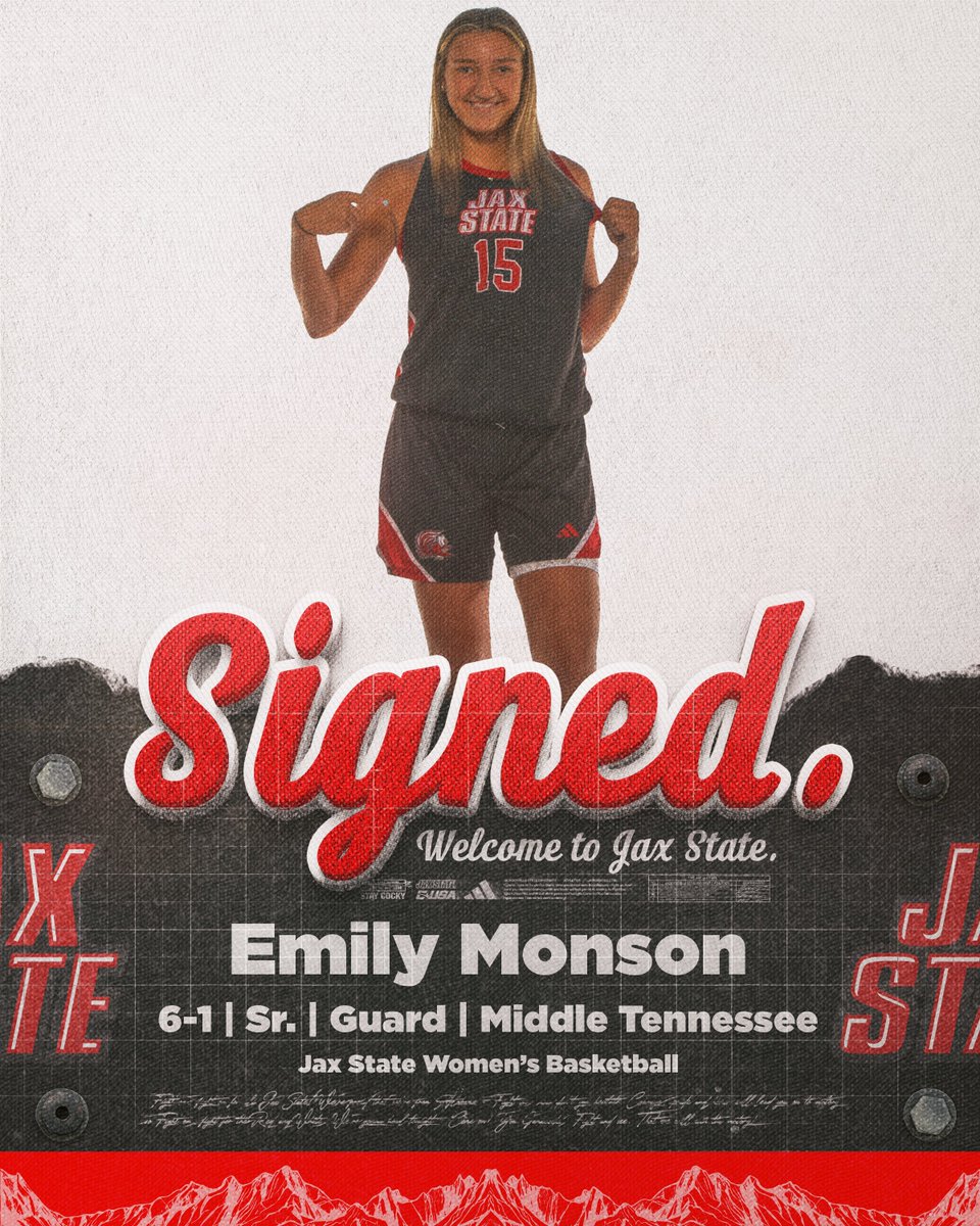 JaxStateWBB's tweet photo. 𝓢𝓲𝓰𝓷𝓮𝓭 📝 

Welcome to Jax State, Emily Monson! 🏀

#StayCocky🐔 | #FearTheBeak👌 https://t.co/AwSTWtLktN