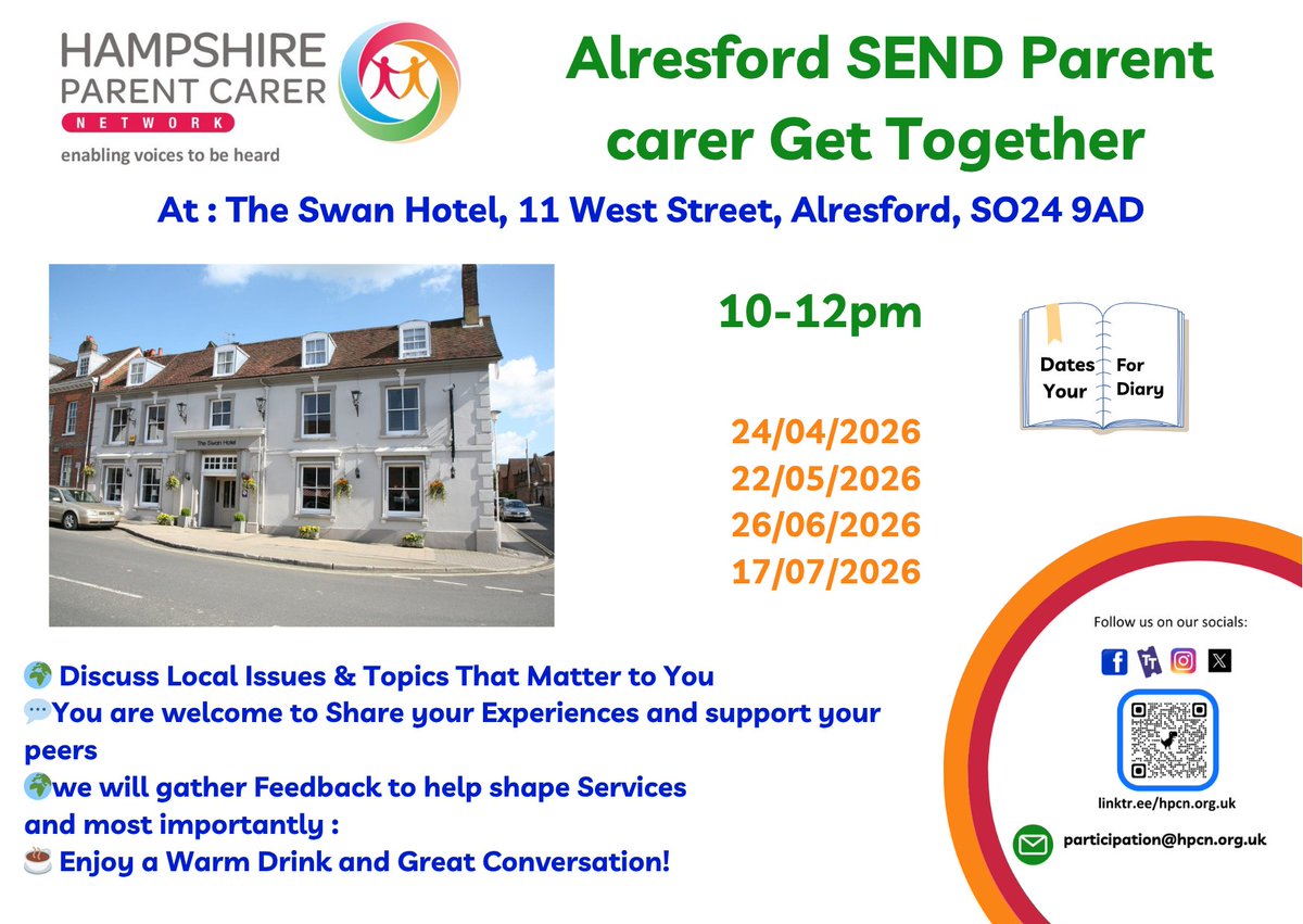 HampshirePCN's tweet image. Alresford SEND Parent Carer Get together – Friday!
 The Swan Hotel, Alresford
 10–12pm , 24 April
Connect with local parent carers, share experiences &amp;amp; have your say on local services
 a warm drink &amp;amp; friendly chat
No booking needed – just drop in!

#Alresford #SEND #ParentCarers
