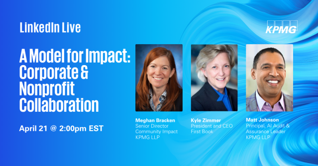 scottaburger's tweet photo. Celebrate National Volunteer Week on April 21st with a 25-minute LinkedIn Live hosted by @KPMG_US. Hear Kyle Zimmer (@FirstBook) and KPMG's Matt Johnson discuss creating tangible education impact through public-private partnerships. Click to register! https://t.co/EW3V7NPXrY https://t.co/2KLFZpj39b
