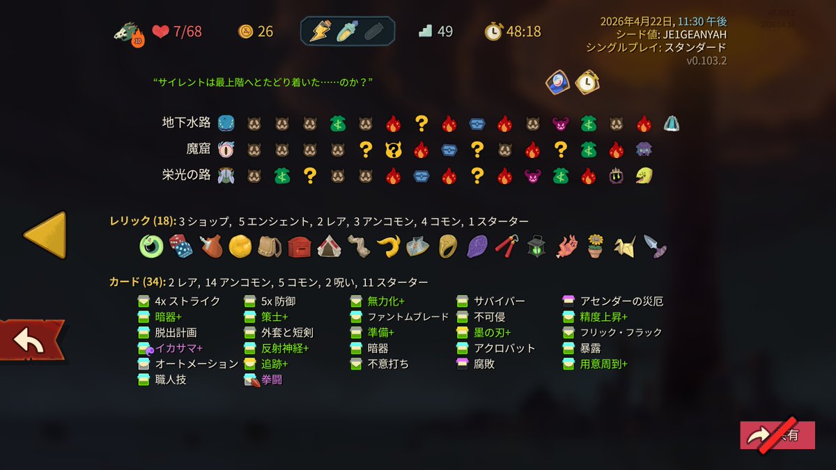 Rizena_twi's tweet image. サイレントA10クリア。なんか一発。
脱力追跡ナイフ。モメンタム拳闘もいい仕事した。
9枚残ってたストライク防御は幽霊の種で廃棄。イカサマに魂力エンチャ+アクロバットに狂気で2でもデッキグルグルできて楽しかった。
#Steam #SlaytheSpire2