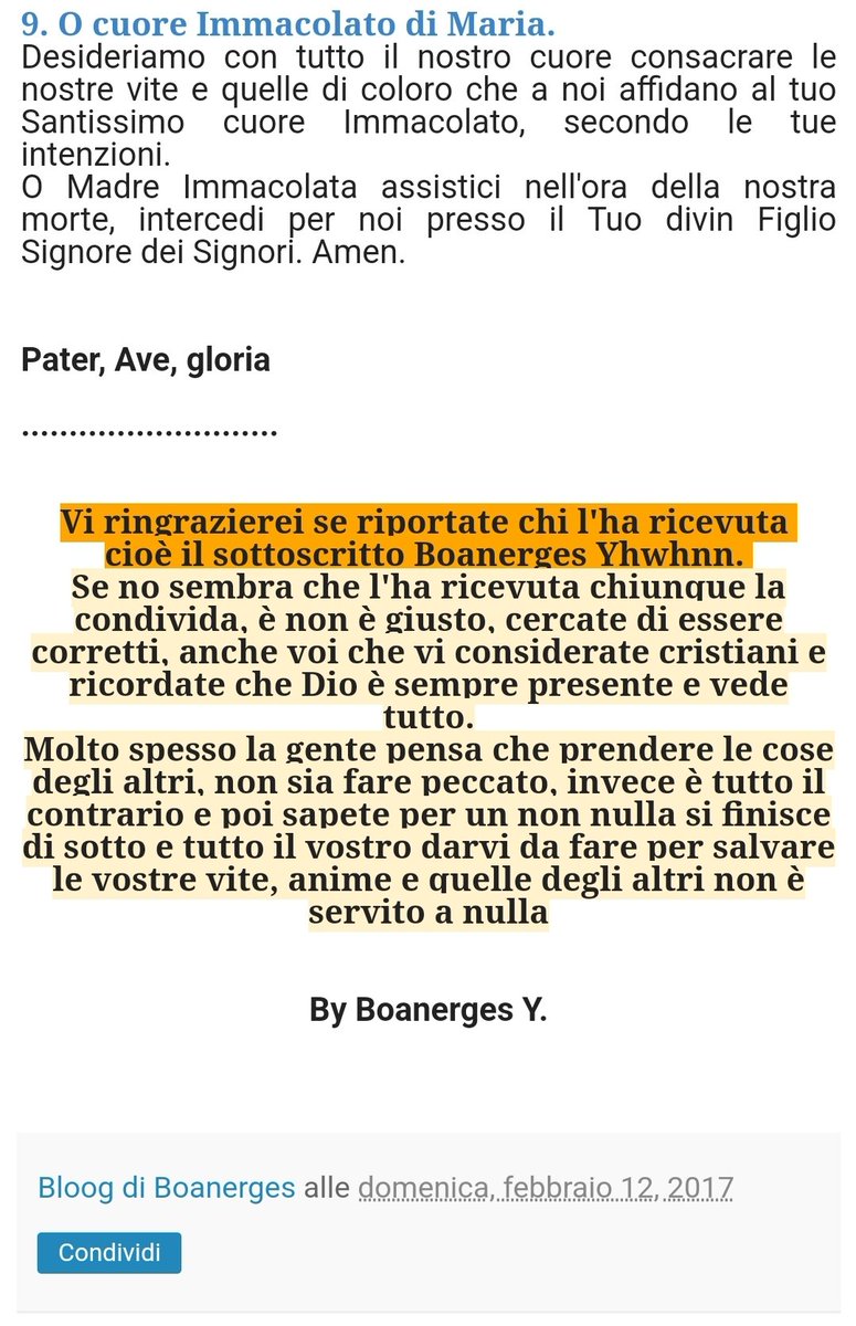 EnzaSegretaria's tweet photo. 🟢 "PREGHIERA AL CUORE IMMACOLATO DI MARIA.".
"10 Gennaio 2017 ore 9:40.

Mentre ero in preghiera, ho sentito una voce angelica che ha recitato questa preghiera, e ha detto 

"Sia recitata dopo ogni  corona "

Preghiera è stata dettata a J. Boanerges Yhwhnn". https://t.co/h6avcpkLcG