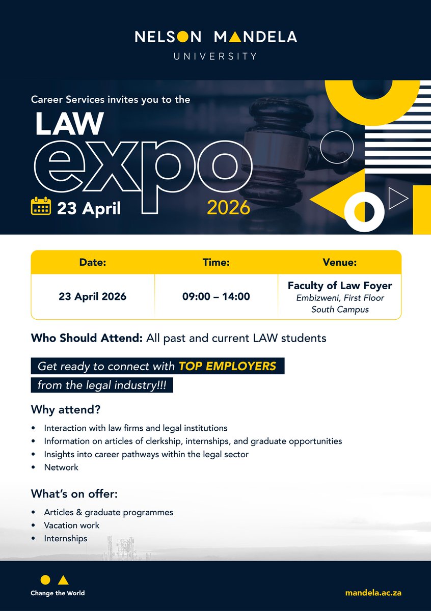 MandelaUni's tweet image. Ready to explore your future in law? 

Join us at the Law Expo on Thursday, 23 April 2026 @ 09h00 and connect with leading legal employers, discover career opportunities, and gain valuable industry insights. Don’t miss out.
 
#LawExpo #CareerServices #FutureLawyers