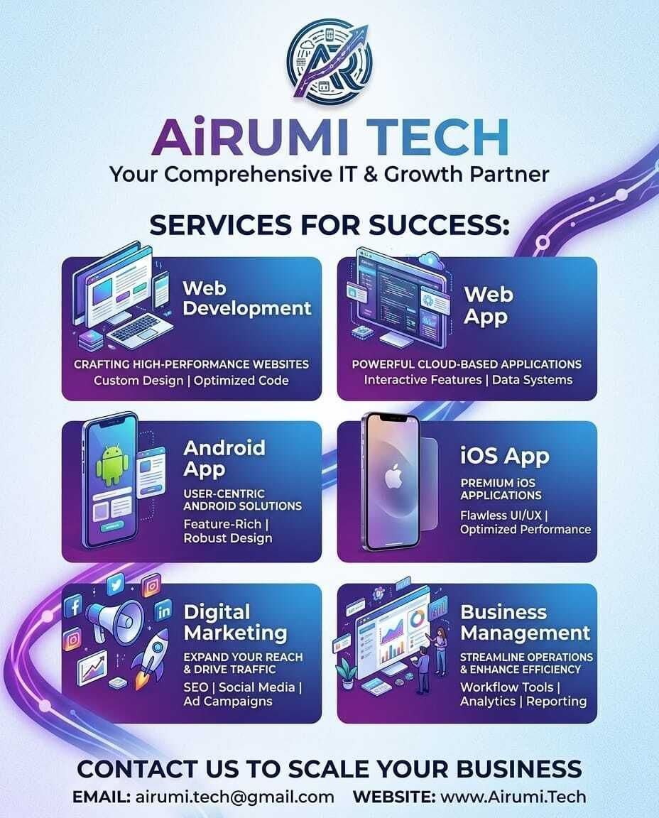AiRumi_Tech_'s tweet image. 🏆 High-Performance Websites | Cloud Apps | Android &amp;amp; iOS | SEO &amp;amp; Ads | Business Systems
AiRumi Tech — Your Comprehensive IT &amp;amp; Growth Partner! 🔥
Contact us to Scale Your Business! 🚀
📩 airumi.tech@gmail.com
#TechStartup #itsolution