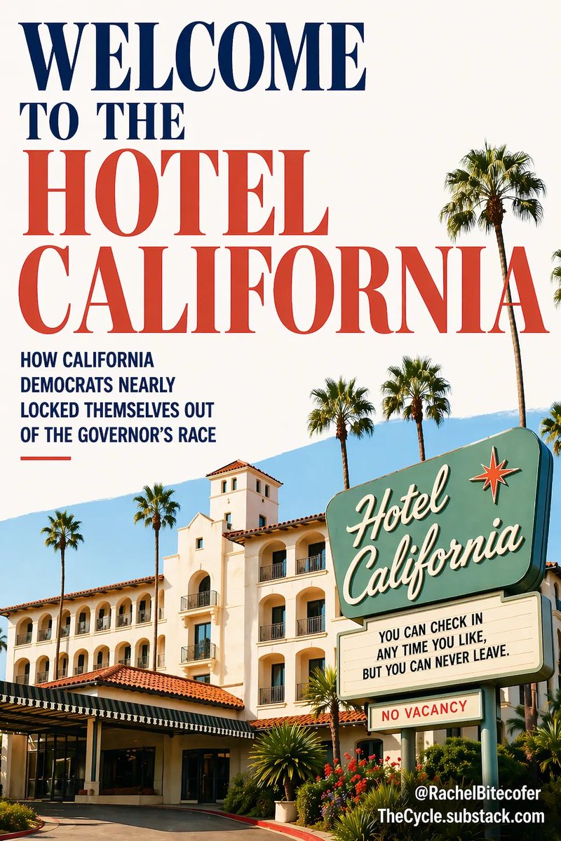 RachelBitecofer's tweet photo. 🚨🚨🚨Welcome to the Hotel California
How California Democrats nearly locked themselves out of the Governor’s Race (and still could) 

California Democrats came dangerously close to pulling off one of the strangest political disasters imaginable: locking themselves out of their own governor’s race.

The culprit isn’t Republican strength. It’s California’s top-two “jungle” primary, created when voters passed California Proposition 14 in 2010.

Under this system, every candidate from every party runs on the same ballot and the top two vote-getters advance to the general election. Party labels don’t matter. That means the most important number in a crowded California primary isn’t 50 percent.

It’s second place.