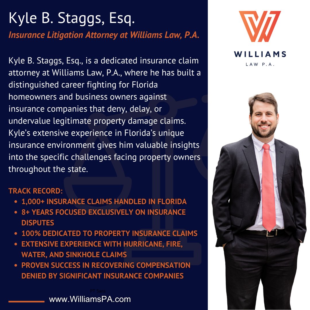 KCWLawyer's tweet image. Meet Kyle B. Staggs, Esq., helping Florida policyholders recover what they’re owed.

-&amp;gt; williamspa.com/our-team/kyle-…
#InsuranceClaims #FloridaLaw #WilliamsLawPA #hurricanedamagelawyer #propertyinsurance #insuranceclaimlawyer #Tampa #Florida