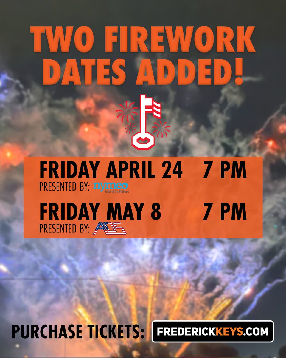 We are happy to announce two additional firework shows for the 2026 season 🎆

Don't miss the VERY FIRST firework show this season, grab your tickets for Friday here: hubs.ly/Q04d38Zx0

#ShakeYourKeys #BackInBirdland #Frederick