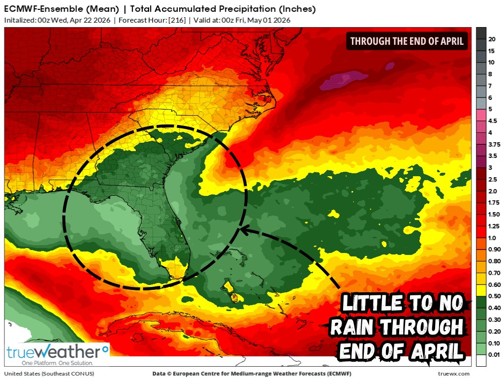 true_weather's tweet image. #Drought conditions are likely to worsen across the #Southeast through the end of April as rainfall stays near or under 0.50". Portions of #Georgia, #Florida, and #SouthCarolina may see little, if any, measurable rain. Better rain chances in early May could bring some relief.