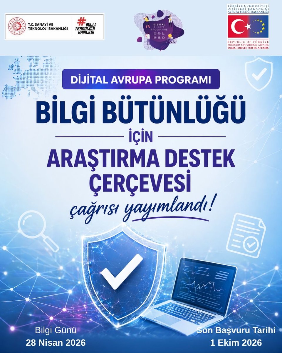 ABBaskanligi's tweet photo. Dijital Avrupa Programı Bilgi Bütünlüğü için Araştırma Destek Çerçevesi çağrısı yayımlandı!
💶Bütçe: 6 M€
🤝En az 4 ülkeden 4 bağımsız kuruluşla başvuru yapılabilecek.
📅Bilgi Günü: 28 Nisan 
🔗Kayıt: https://t.co/r05Ybquuuc
📅Son tarih: 1 Ekim
🔗Başvuru: https://t.co/qMMckitzUw https://t.co/mXxktTGDwI