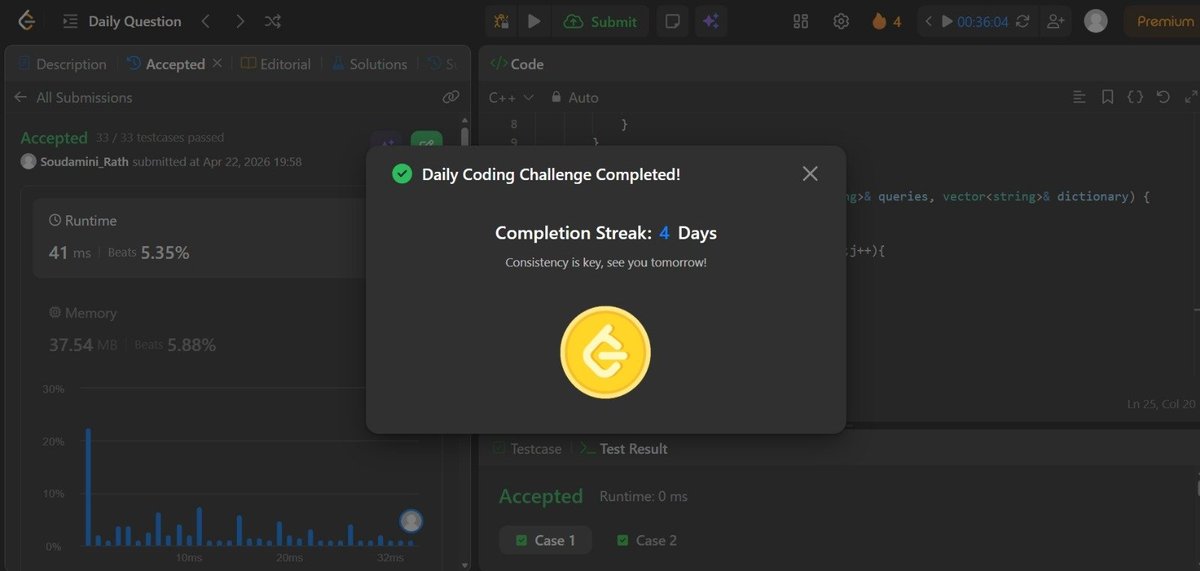 soudamini_rath's tweet image. Day 28 of #100DaysOfCode
🧩 Solved the LeetCode Daily Challenge — Edit Distance (minimum edits between two strings).

📚 Also preparing for my internal exams, balancing coding and revision. 🚀
