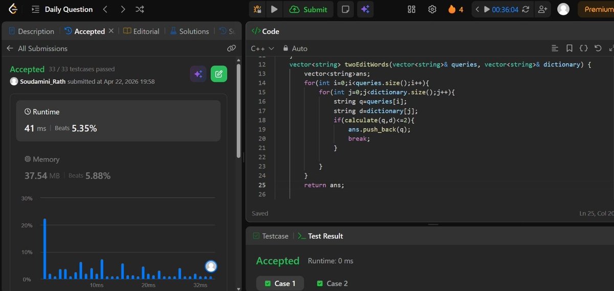soudamini_rath's tweet image. Day 28 of #100DaysOfCode
🧩 Solved the LeetCode Daily Challenge — Edit Distance (minimum edits between two strings).

📚 Also preparing for my internal exams, balancing coding and revision. 🚀