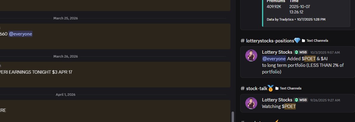 LotteryStocks's tweet image. $POET is up +195% since my first call out &amp;amp; I believe it is just beginning. #Pennystocks #StockPicks 

If you keep missing my call outs like $BULL $POET $SOFI and MANY more, feel free to join my discord community where we have tons of alerts and chats daily on stocks and crypto -