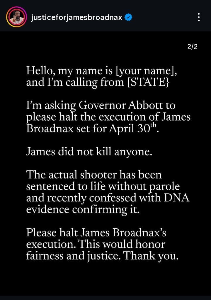 texas still plans to execute james broadnax for a crime he did not commit in 8 days.

his team is asking for signatures and callers.

james's trial was riddled with racial prejudice, and there's DNA evidence he didn't do it.

🔗: actionnetwork.org/petitions/texa…

📞: (800)-843-5789