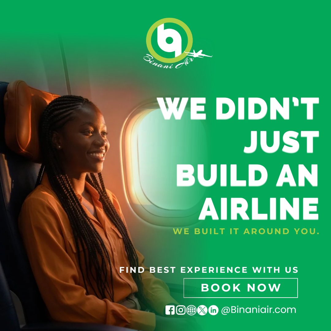 A smooth flight is not luck.
It is the result of disciplined systems working perfectly.
So is success.

#FlyBinani #NigerianBrand #GlobalStandard #NigerianAviation