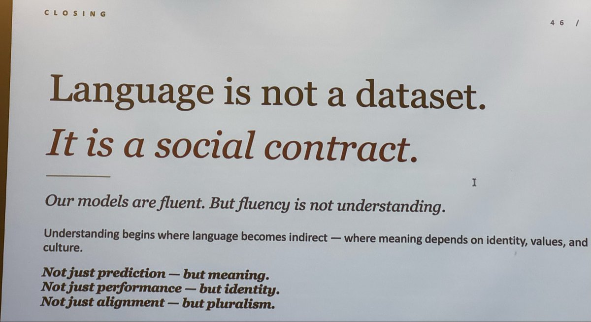 radamihalcea's tweet photo. Today’s “NLP@Michigan” keynote by the amazing @MonaDiab77 gave me a LOT to think about: the field of NLP is going through an identity crisis. Many of the deeply human layers of meaning associated with language have been conflated by treating language as “data,” and we often end up optimizing for the wrong things — benchmark performance, commercial revenue & other such narrow objectives. But there are ways to address this, and we can still “steer the ship” by recognizing there is more to language than just “data.” ✨