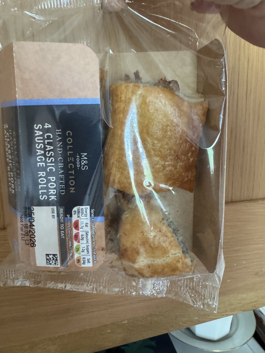 karmc123's tweet photo. @marksandspencer not complaining just thought it was funny - someone had half of one of my sausage rolls before I even bought them 😆😆 https://t.co/x4vXUpo6Ij