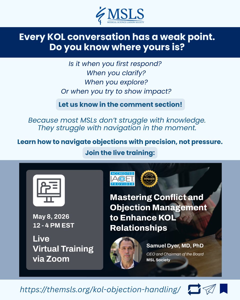 MSLSociety's tweet image. Most MSLs handle objections.
Top MSLs use them to build trust.
Pushback isn’t rejection
it’s an invitation to go deeper.

Are you reacting… or leading?
Master this skill 👇
🔗 lnkd.in/gjJDEaka

#MSL #MedicalAffairs #KOLengagement