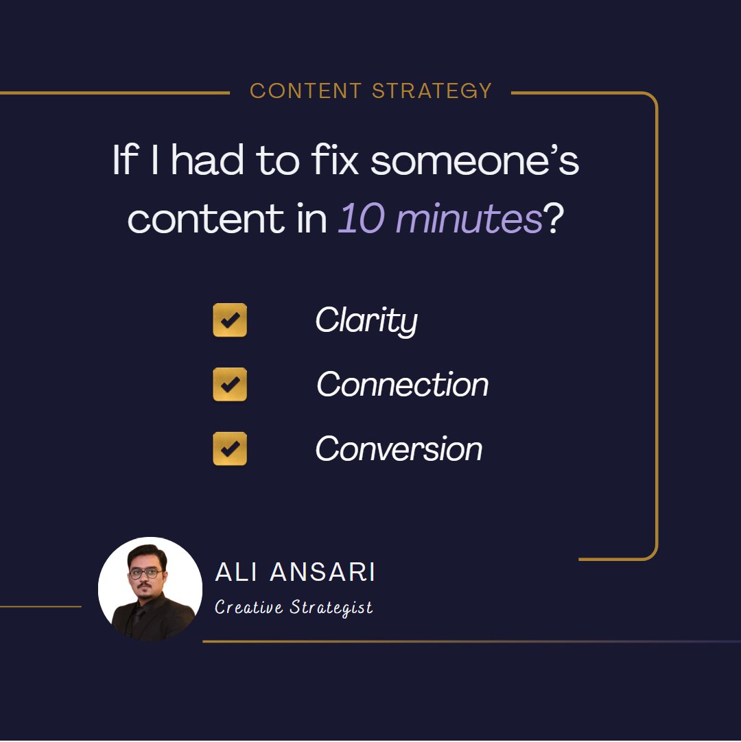 TheAlyAnsary's tweet image. The 3C Rule:

Clarity
Connection
Conversion

Miss one → weak content
Miss all → no results

Simple. But powerful.

#CreativeStrategist #ContentStrategy #Coaches #Consultants #BusinessGrowth