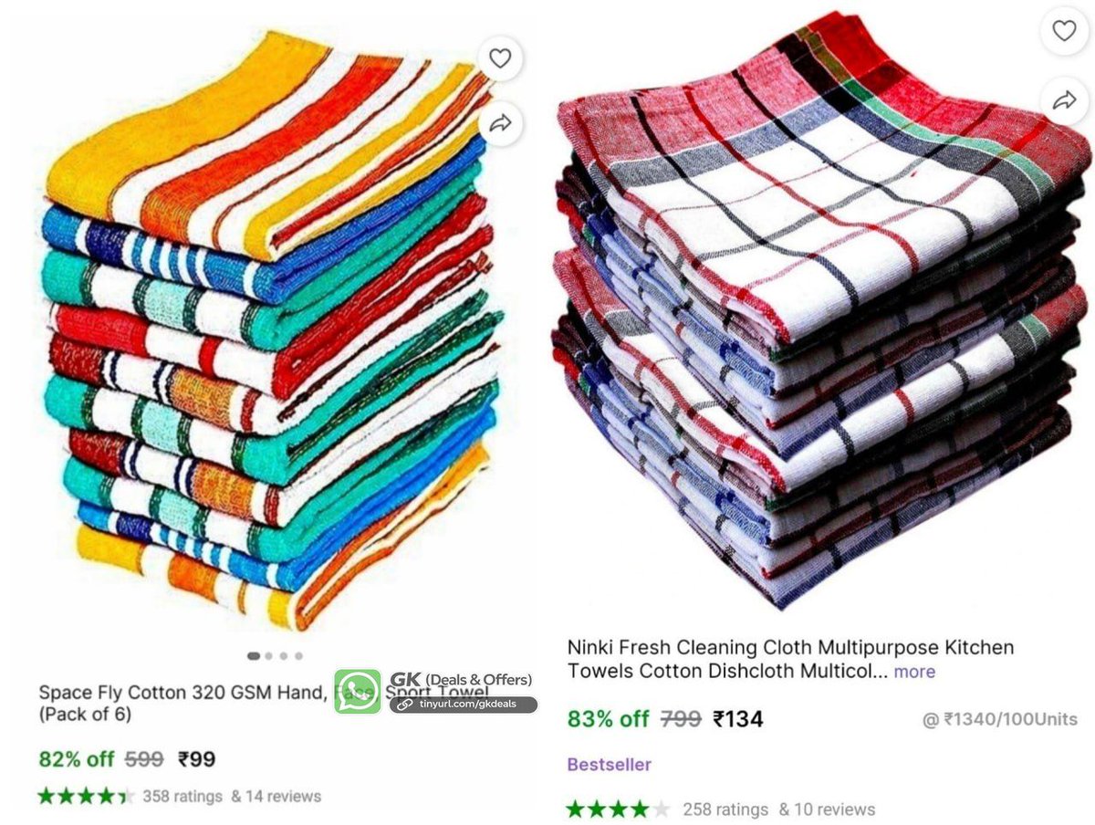 gearknowledge's tweet image. Hand Towel Pack of 6 at ₹99
🔗 bilty.co/9fklX1

Kitchen Towel Pack of 10 at ₹134
🔗 bilty.co/Insg4C

#Shopsy #HomeEssentials #KitchenLinens

👉 WhatsApp Channel tinyurl.com/gkChanneldeals