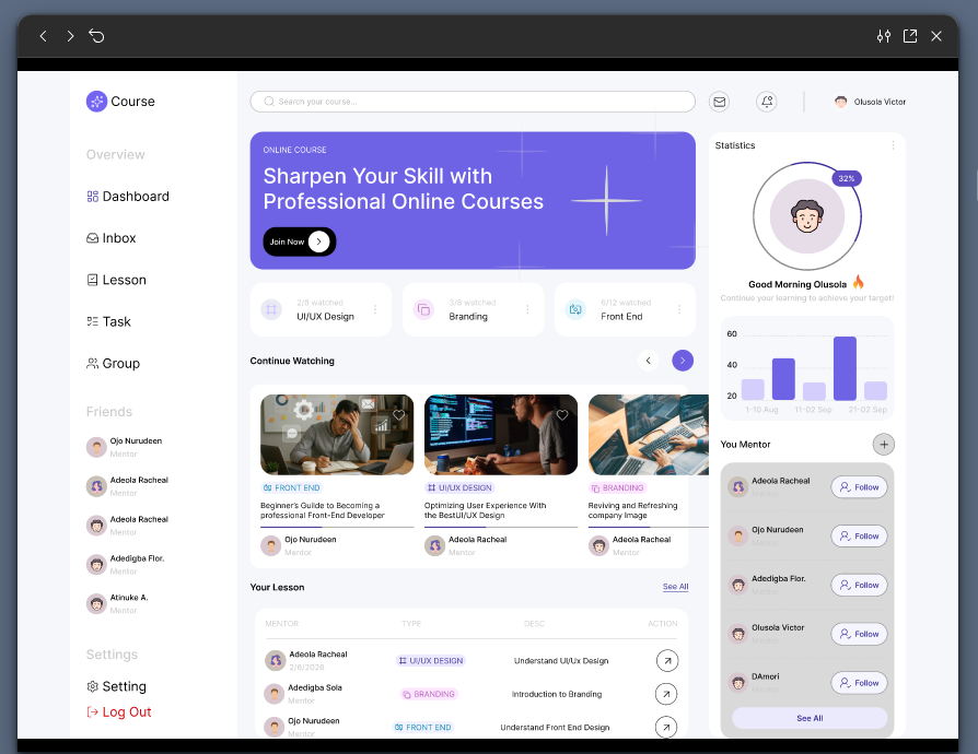ShooWeb3's tweet photo. Your learning platform shouldn’t feel like a chore.

So I redesigned it.

→ Clean dashboard
→ Smart progress tracking
→ Human-centered UI
→ Zero clutter, all focus
Learning just became addictive.
Design matters more than we admit. https://t.co/m1RoiVCAlL